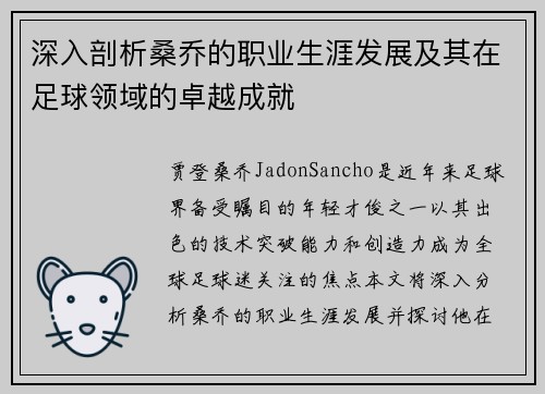 深入剖析桑乔的职业生涯发展及其在足球领域的卓越成就